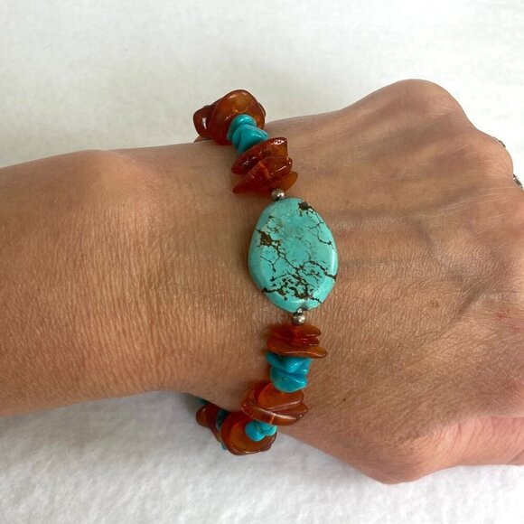 Sterling Silver 925 Turquoise Chip & Baltic Amber Chip Beaded Bracelet 8" - 9" - Picture 1 of 16
